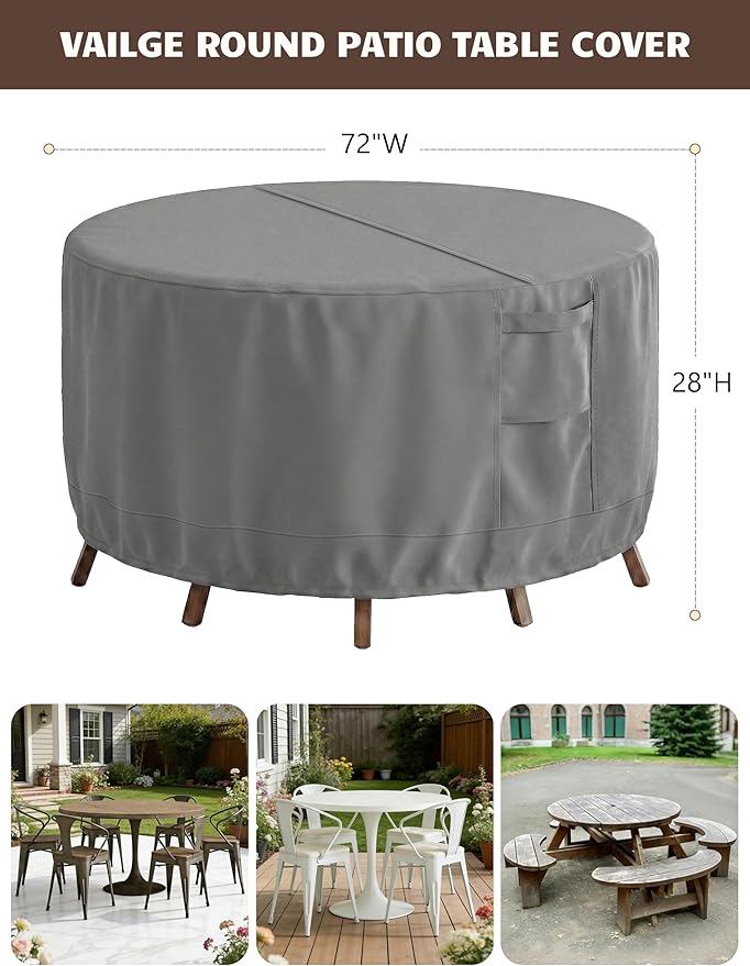 Vailge Round Patio Furniture Covers, 100% Waterproof Outdoor Table Chair Set Covers, Anti-Fading Cover for Outdoor Furniture Set, UV Resistant (Grey, 72"DIAx28"H)