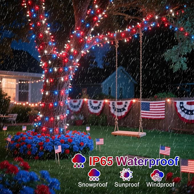 Red White and Blue Lights, 66FT 200 LED 4th of July String Lights Outdoor | Plug In Waterproof 8 Modes Connectable Patriotic Decorations Lights for Indoor Independence Memorial Day Party Holiday
