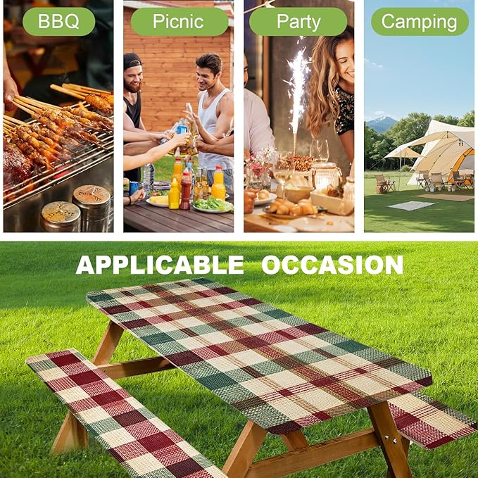 ANNA QUEEN Classic Plaid Picnic 6FT Picnic Table Cover with Bench Covers Set of 3 with Drawstring Bag, Checkered 72"x30" Waterproof Picnic Tablecloth & Bench Covers for Outdoor BBQ