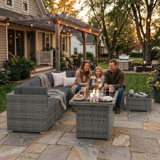 15 Pieces Patio Furniture Set with 44" Propane Gas Fire Pit Table, Outdoor Sectional Wicker Conversation Sofa Sets with Coffee Table