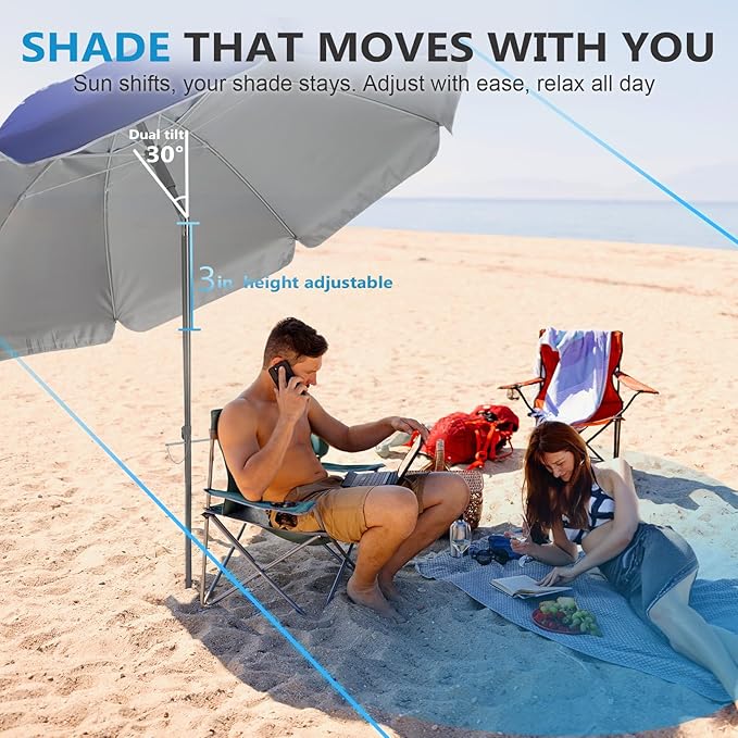 wikiwiki 7ft Beach Umbrella with Sand Anchor & Tilt, UPF 50+ Protection Beach Umbrellas for Sand, with Carry Bag and Hook, for Patio Garden Pool, Dark Blue