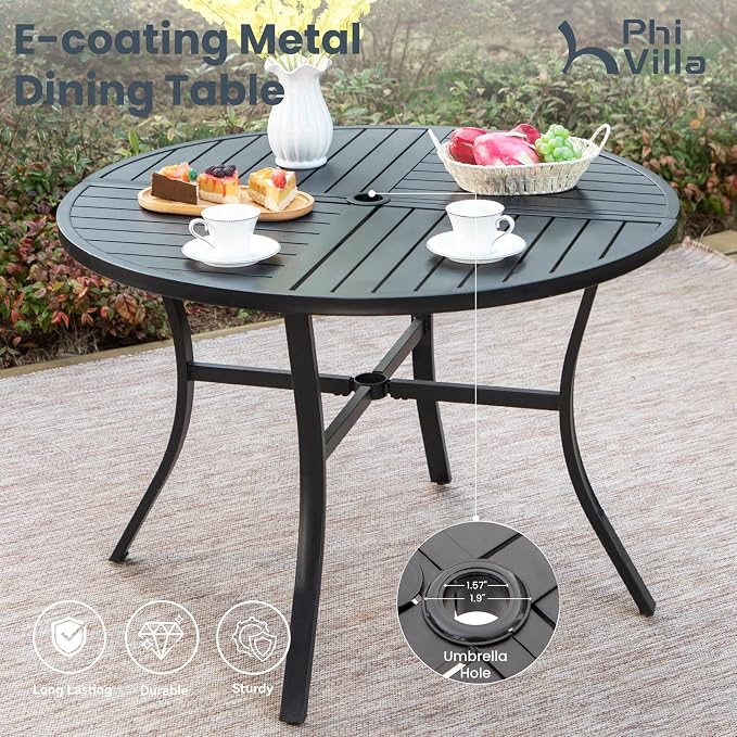 PHI VILLA Round Outdoor Dining Set for 4 with Folding Chairs, Blue | Light-weight & space-saving, Breathable & quick-drying, Metal Table, Umbrella Hole, Weather-Resistant, Adjustable, Patio deck