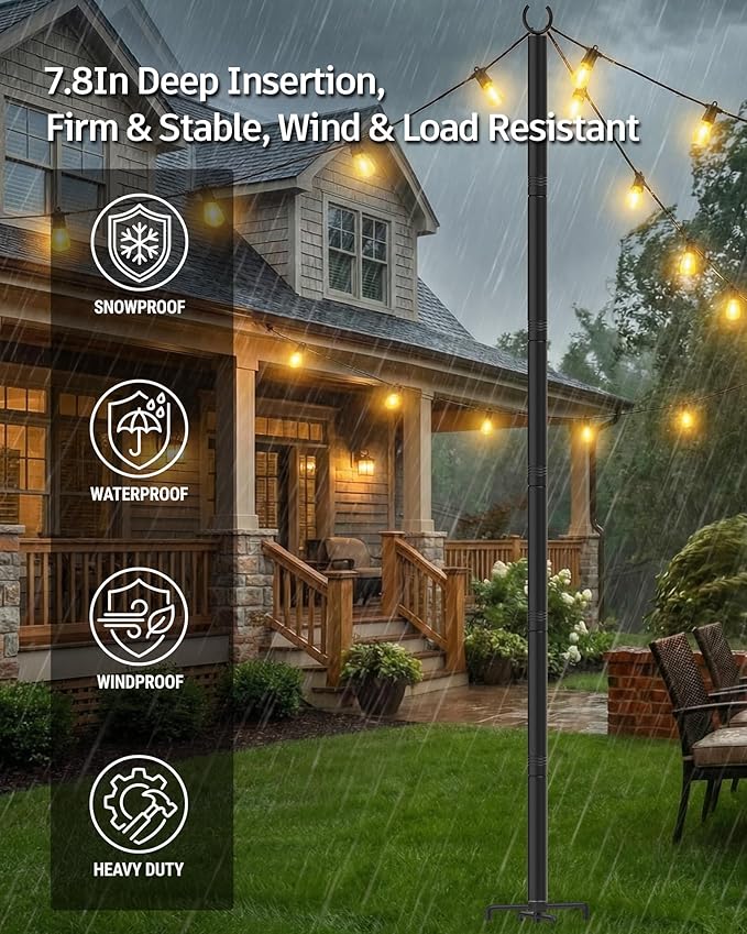 LAND·VOI Outdoor String Light Poles 4 Pack, Heavy Duty String Light Poles for Outside with 5-Prong Base & Adjustable Height, Perfect for Backyard, Patio, Garden, Fence and Party Decor