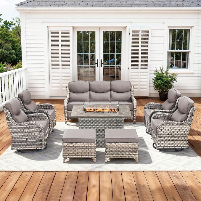 Luxury Patio Furniture Set with 42.5" Fire Pit Table, 8 Pieces High Back All Weather Wicker Outdoor Furniture w/ 6-Inch Thick Cushions, Patio Swivel Chairs Couch for Deck Balcony Backyard Grey