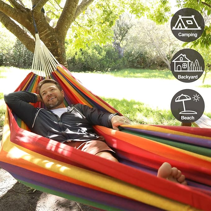 CHULIM Brazilian Double Hammock with Tree Straps,Extra Large 94x63IN,2 Persons Hammock for Backyard Patio Outdoor and Indoor,450lbs Weight Capacity,Soft Woven Cotton Fabric - Coffee Stripe