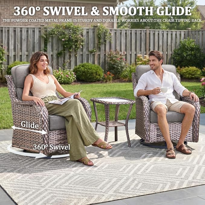 Luxury Swivel Rocker Chairs Fire Pit Set with 6" Thick Cushion 9 piece Wicker Outdoor Patio Chair with Sofa and Side Table,Comfortable High Back Outdoor Patio Furniture Set - Brown | Gery