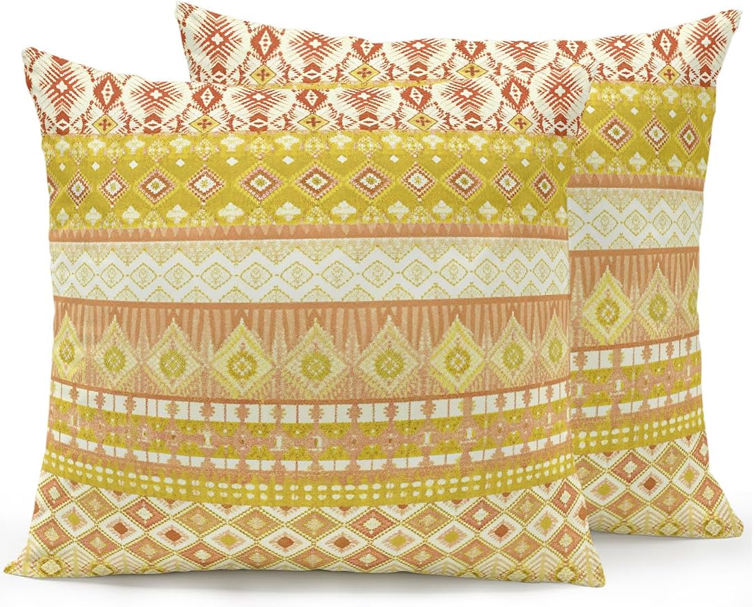 Waterproof Outdoor Pillow Set of 2 Yellow Bohemian Decorative Throw Pillows Cover & Insert 18x18 Inch Pillowcase Boho Style Floral Leaves Geometric Pillows for Couch Sofa Bed Patio Furniture