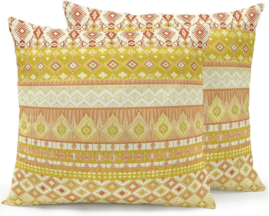 Waterproof Outdoor Pillow Set of 2 Yellow Bohemian Decorative Throw Pillows Cover & Insert 18x18 Inch Pillowcase Boho Style Floral Leaves Geometric Pillows for Couch Sofa Bed Patio Furniture