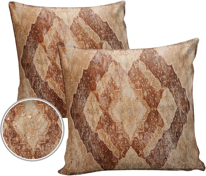 Outdoor Waterproof Pillow Covers Set of 2, Meddle Century Vintage Brown Mural Pattern Patio Throw Pillow Covers, Decorative Cushion Case for Couch Sofa Furniture Garden, 18x18 Inch