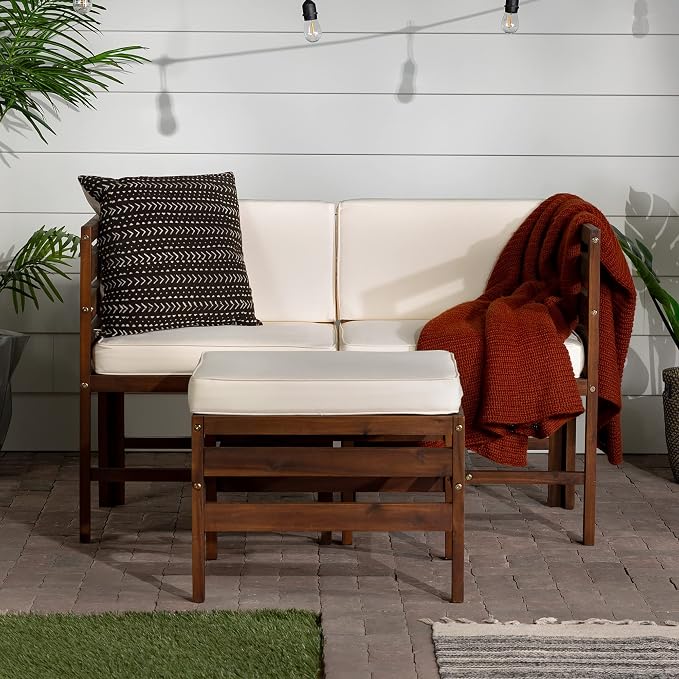 Walker Edison Ravello Contemporary 3 Piece Acacia Wood Outdoor Modular Chat Set with Cushions, Set of 3, Dark Brown