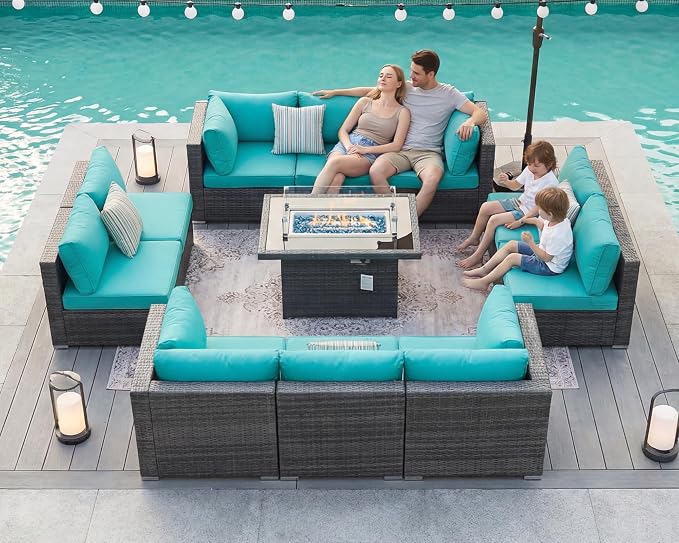 BULEXYARD 11 Piece High Back Outdoor Patio Set with Firepit, Extra Large Backyard Furniture Sectional Couch 10-Seater Modular, XL Big Wide Deep Outside Seating Area for Exterior, Grey & Turquoise