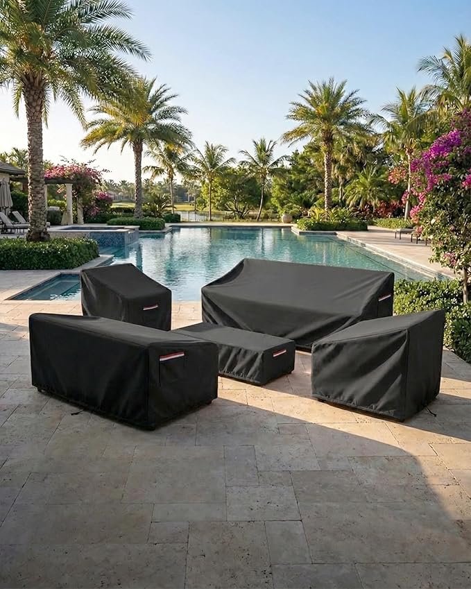 Patio Furniture Covers Set for 3-Piece Bistro Sets, Heavy-Duty 600D Waterproof Outdoor Furniture Covers for 2 Chairs & Coffee Table, UV Resistant, All-Season Protection for Patio, Porch Backyard,Black