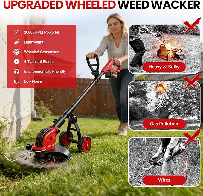 12-Inch Cordless Weed Wacker, 2x3.0Ah 21V Battery Powered Weed Eater with Wheels, 800W Brushless Motor, Electric Lawn Mower with 4 Types Blades, 20000RPM Brush Cutter Grass Trimmer for Garden Yard