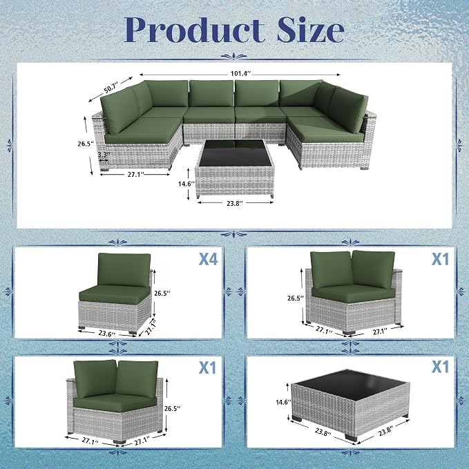 KIGOTY Patio Furniture Set,7 Pieces Modular Outdoor Sectional Sofa, PE Rattan Patio Conversation Set, All Weather Wicker Patio Furniture with Cushions and Coffee Table（Grey White/Green）