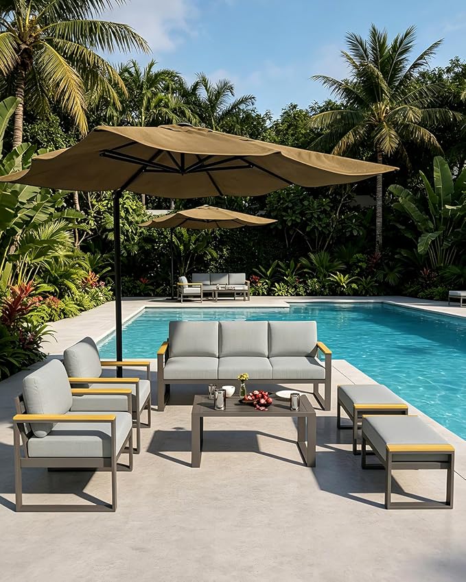 Aluminum Patio Furniture Set, 7 Seats Outdoor Patio Conversation Sets with Coffee Table, 6 Pieces Metal Conversation Sectional Furniture Sofa for Balcony, Garden, Deck, Backyard,Gray