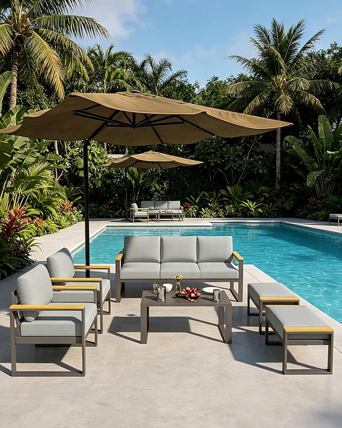 1 Pcs 3-Seat Aluminum Sofa and Coffee Table, Aluminum Patio Set with Washable Thick Cushion for Balcony, Garden, Deck, Backyard,Gray