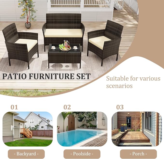 4 Piece Patio Furniture Set, Sectional Conversation Sofa Set with Glass Coffee Table, Cushions & Loveseat, Wicker Outdoor Table and Chairs for Pool, Garden, Deck, Backyard (1, Beige)