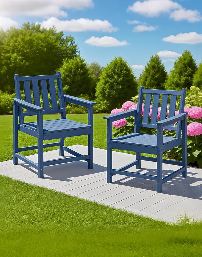 2-Piece Outdoor Patio Chairs, HDPE All-Weather Patio Chair with Backrest and Armrest, 300 lbs Support Outdoor Dining Chair Furniture for Garden, Deck, Porch, Navy