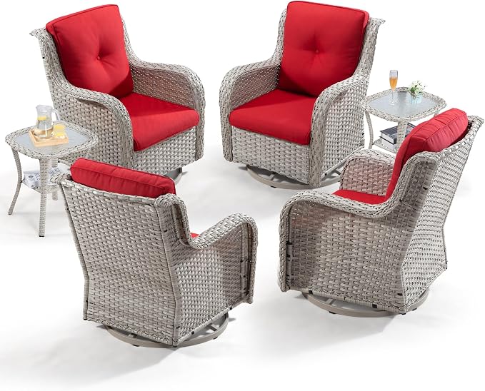 Joyside Outdoor Rocker Swivel Patio Chairs Set of 4 with 2 Matching Side Tables - 6 Pieces Patio Wicker Conversation Set with Premium & Soft Fabric Cushions(Light Grey/Red)