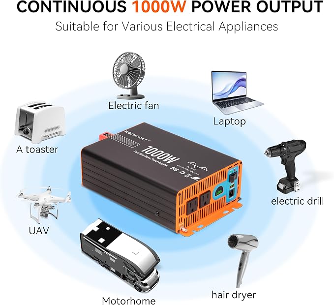 1000W Pure Sine Wave Inverter,12V DC to 120V AC Car Power Inverter 2000W Peak with 2AC Outlets, 3.0A USB and Type-C, LCD Display 16.5 ft Remote Control for RV Truck Travel Solar Emergency