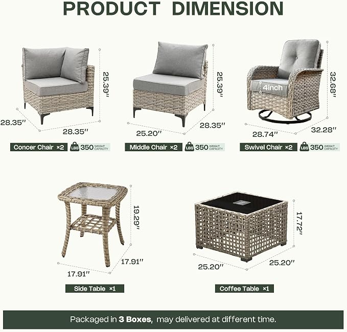 8 Pieces Patio Furniture Set, Outdoor Conversation Set with 360° Swivel Rocker Chairs, Wicker Sectional Sofa & Solar Powered Lighted Table, High Back Outdoor Furniture for Backyard Porch, Dark Gray