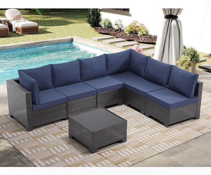 CANMOV 7 Pieces Patio Furniture Sets, All Weather Outdoor Patio Conversation Set, PE Wicker Rattan Sectional Sofa Couch Glass Coffee Table Washable Cushions for Backyard Garden, Porch, Navy Blue
