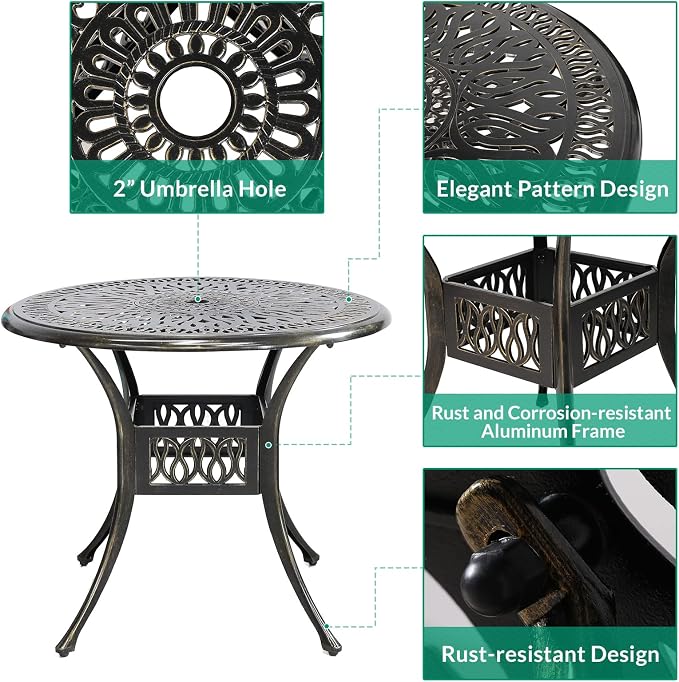 VIVIJASON 3-Piece Outdoor Patio Bistro Set, All-Weather Cast Aluminum Furniture Dining Sets Include 2 Chairs and 35.4" Round Table w/Umbrella Hole for Balcony, Lawn, Garden, Backyard, Antique Bronze