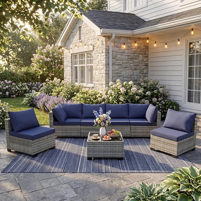 ANJ 7 Piece Outdoor Wicker Patio Furniture Set, Modular Loveseat Sofa with with Glass Top Coffee Table, All-Weather Rattan Conversation Couch Set for Balcony, Backyard, Light Grey Wicker-Blue