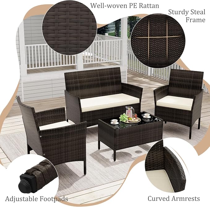 KOTEK 8 Piece Patio Furniture Set, Outdoor Rattan Conversation Set with Loveseat, Wicker Chairs, Tempered Glass Coffee Table, Wicker Patio Set for Backyard, Porch (Beige)