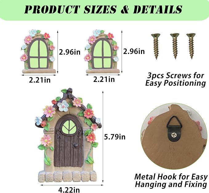 FESTGLOX Fairy Garden Door and Windows for Trees Outdoor, Glow in The Dark | Fairy Garden Door House Kit Miniature Accessories for Tree Trunk, Gnome, Outdoor Yard, Stump, Lawn