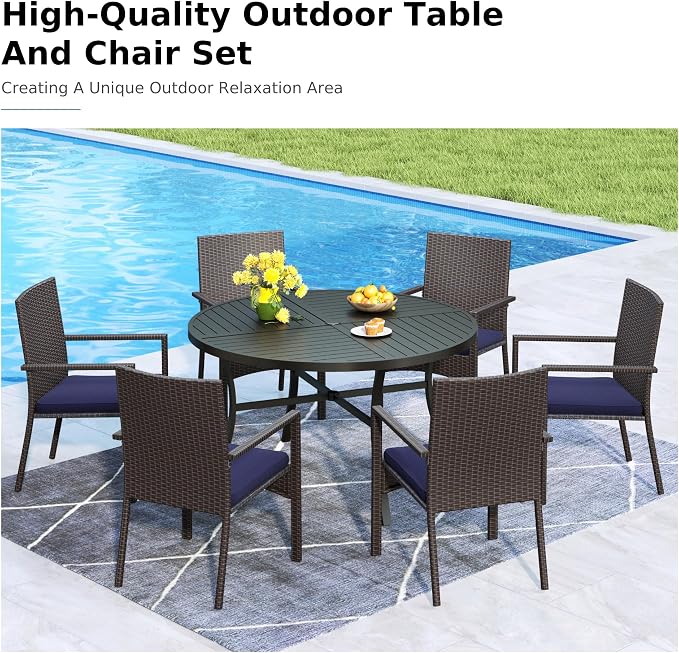 MFSTUDIO 7 Pieces Outdoor Dining Sets, Patio Table and Chairs for 6, Outdoor Metal Table with Chairs, Wicker Patio Round Dining Furniture