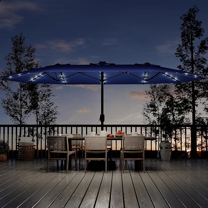 15FT Outdoor Patio Umbrella,Double-Sided Rectangle Market Umbrella with 36 LED Solar Lights & Base,UV50+ Weather-Resistant Oversized Outdoor Umbrella,Crank Lift,3-Way Shade for Pool,Garden,Backyard