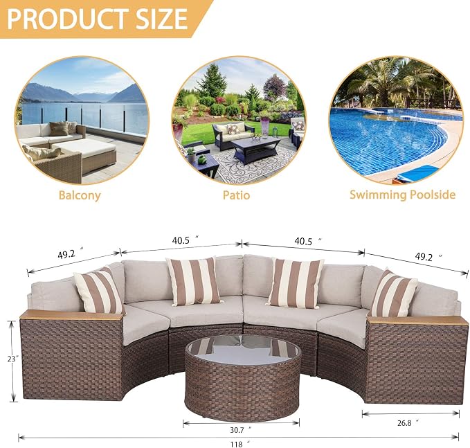 Incbruce Outdoor Half Moon Patio Furniture 5-Piece Curved Outdoor Sofa, All-Weather Outdoor Sectional Furniture Patio Conversation Sets with Round Tempered Glass Top Table(Brown Cushions)