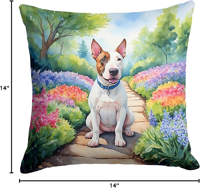 Caroline's Treasures English Bull Terrier Spring Path Throw Pillow Machine Washable, Indoor Outdoor Decorative Pillow for Couch, Bed or Patio, 14Hx14W