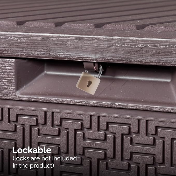 90 Gallon Large Outdoor Storage Box, Brown Maze-Pattern Resin Deck Box with Wheels & Side Handles, Lockable Waterproof UV-Resistant Patio Storage Container for Tools, Cushions, Toys, Garden Accessorie
