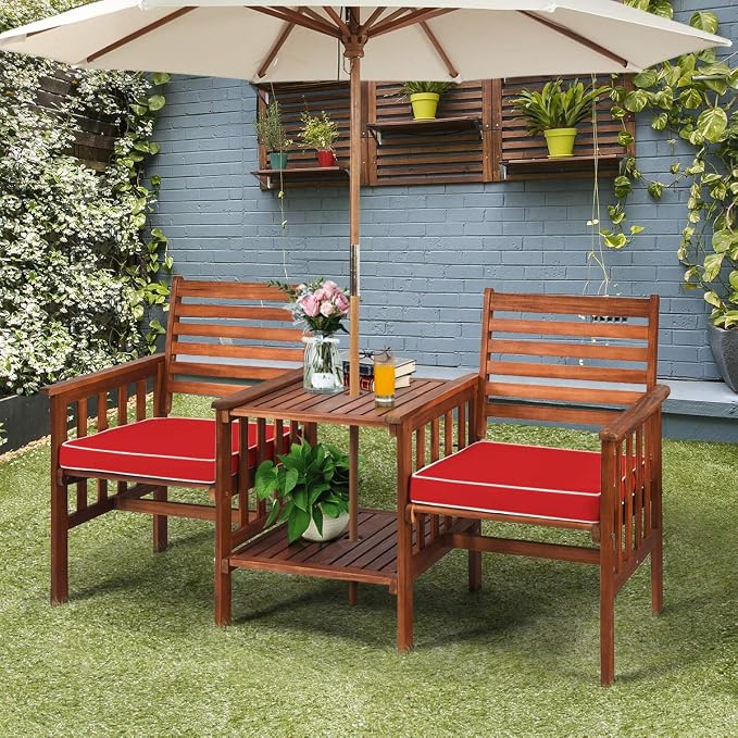 Tangkula Acacia Wood Loveseat, 3pcs Outdoor Table Chairs Set, Patio Conversation Set w/Coffee Table and Soft Cushions, 2.1-inch Umbrella Hole, 2-Seater Furniture Set (Red)