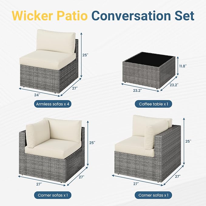 Wisteria Lane 7 Pieces Outdoor Patio Furniture Set, Wicker Outdoor Patio Sectional Sofas with Coffee Table, All-Weather Patio Conversation Set for Garden Backyard, Beige