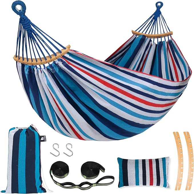SUNCREAT Hammocks Outdoor Camping Double Hammock with Spreader Bar, Carrying Bag, Heavy Duty Travel Hammock, Blue & Red