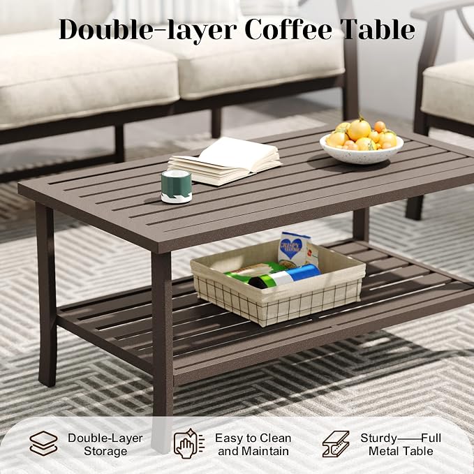 FansaFurn Outdoor Patio Furniture Set, 3 Pieces Metal Patio Conversation Set with Side Table for Porch Backyard Garden, Khaki