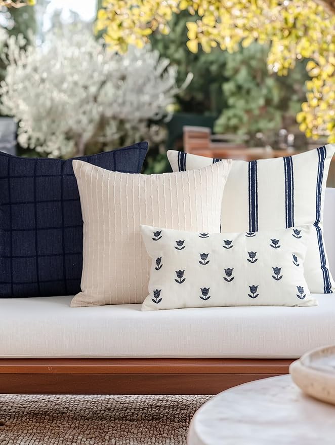 Coastal Linen Indoor Outdoor Lumbar Pillow Cover Only, 12"x20" Water Repellent for Patio, Backyard, Couch, Neutral Dark Navy Floral