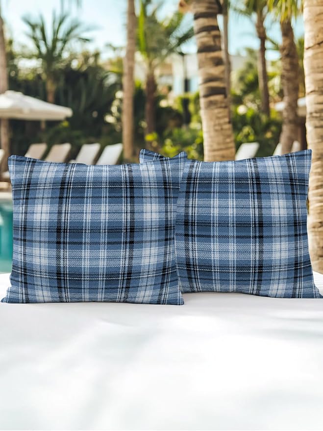 Waterproof Outdoor Pillow Set of 2 Blue Checked Plaid Decorative Throw Pillows Cover & Insert 16x16 Inch Pillowcase Stripes Woven Grid Square Pillows for Couch Sofa Bed Patio Furniture Indoor Outdoor
