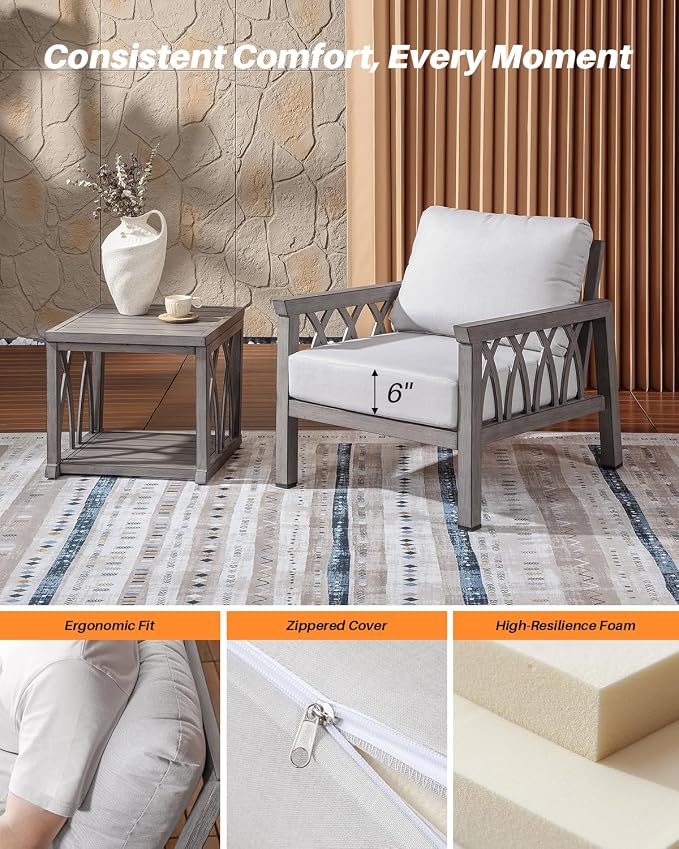Aluminum Outdoor Patio Furniture Set, 4-Piece Outdoor Sofa Set with 3-Seat Sofa, 2 Armchairs & Coffee Table, Outdside Sofa Set Patio Conversation Set with Cushions for Deck, Balcony, Limed Oak
