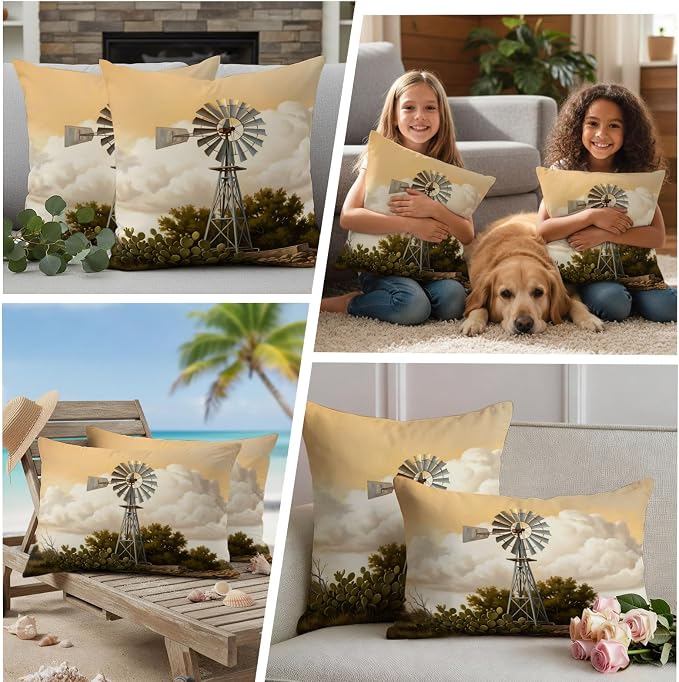 Windmill Outdoor Pillow Covers 18"x18" Set of 2, Windmill Farmhouse Sunset Field Trees Rustic Waterproof Throw Pillow Covers for Patio Furniture, Decorative Cushion Covers for Porch