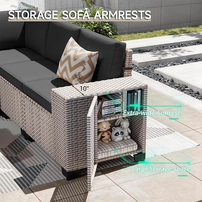 6-Piece Outdoor Patio Furniture Set, Modular Sectional Sofa Set with Glass Coffee Table and Cushions, Wicker Outdoor Couch Conversation Sets, Black