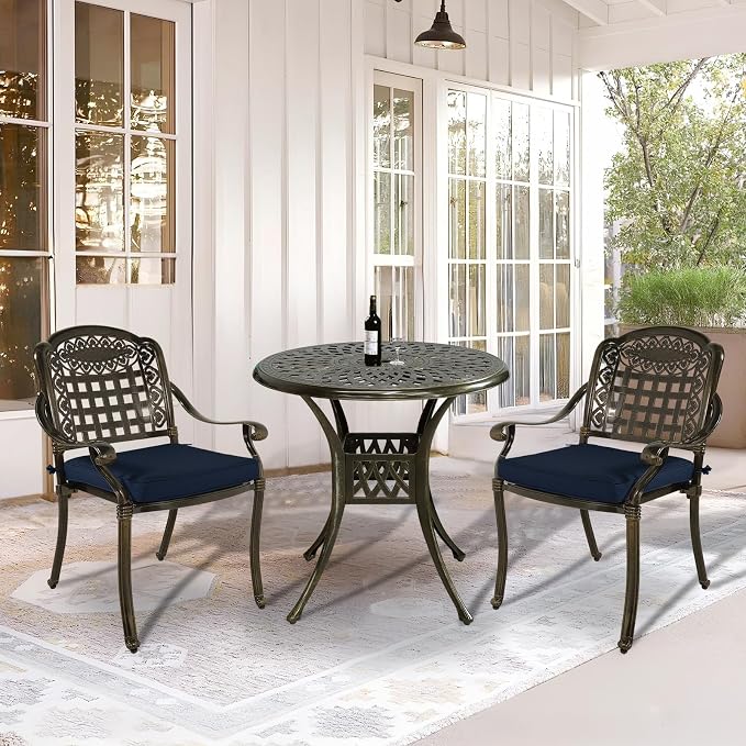 VIVIJASON 3-Piece Outdoor Patio Bistro Set, All-Weather Cast Aluminum Furniture Dining Sets Include 2 Cushioned Chairs and 31" Round Table w/Umbrella Hole for Balcony, Backyard, Navy Blue Cushion