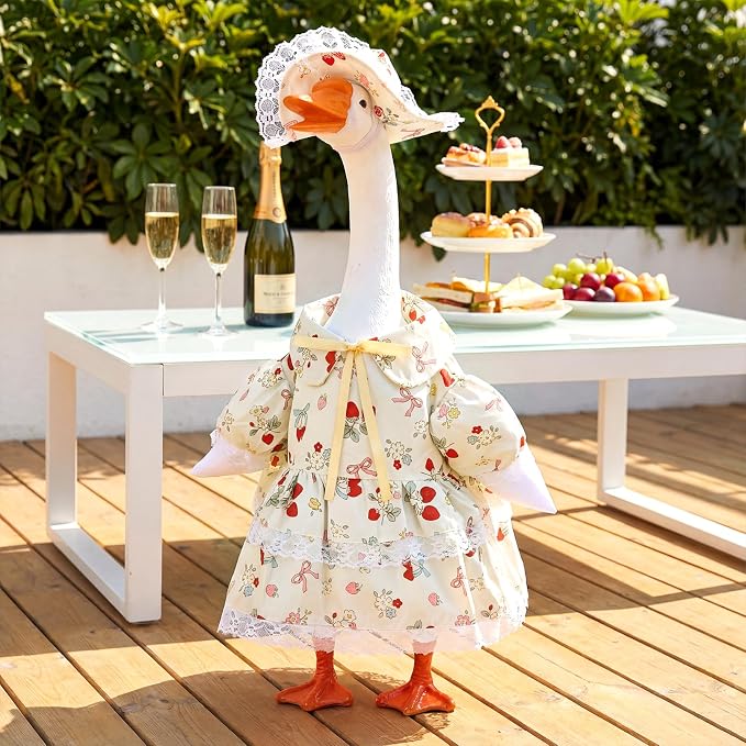 Spring Porch Goose Outfit Strawberry Bow Porch Goose Clothes for 23 Inch Lawn Cement or Plastic Geese Statue Geese Skirt Costume with Hat Dress for Summer Outdoor Patio Garden Holiday Decor