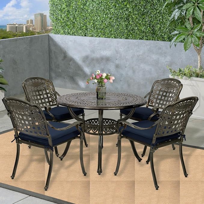 5-Piece Outdoor Patio Dining Set, All-Weather Cast Aluminum Furniture Conversation Set, Include 4 Cushioned Chairs and a 38.5” Round Table with Umbrella Hole for Balcony, Lawn, Navy Blue