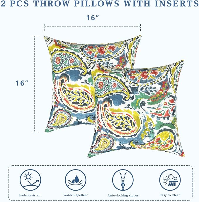 LVTXIII Outdoor Throw Pillows 16x16 Inch, Set of 2 Square Decorative Pillows with Inserts for Patio Furniture, Porch Chair, Garden Sofa, Paradise Paisley