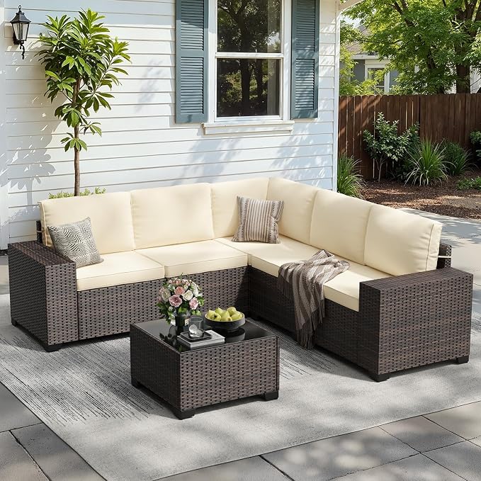 Soohow 6-Piece Patio Furniture Set All-Weather Outdoor Wicker Sectional Conversation Set with Cushion and Glass Table for Garden, Porch, Backyard, Beige Cushions