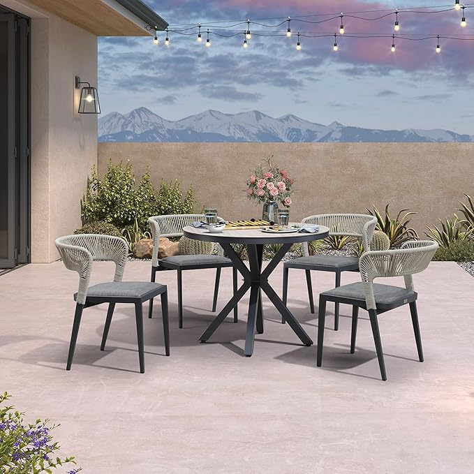 PURPLE LEAF 5 Pieces Outdoor Round Dining Set Aluminum Rattan Wicker Patio Table and 4 Chairs for Lawn Garden Porch Grey